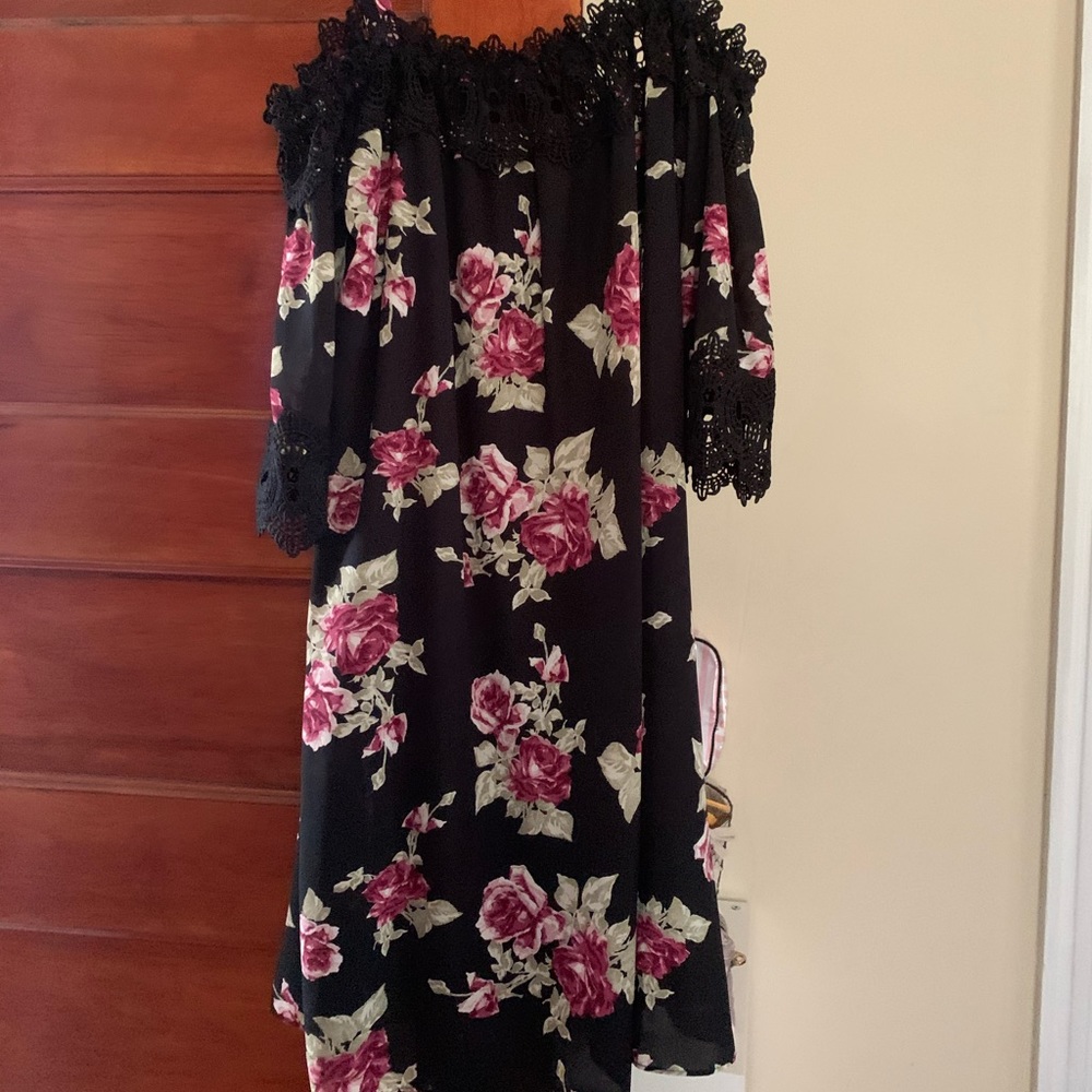 Black and purple floral dress off the shoulder